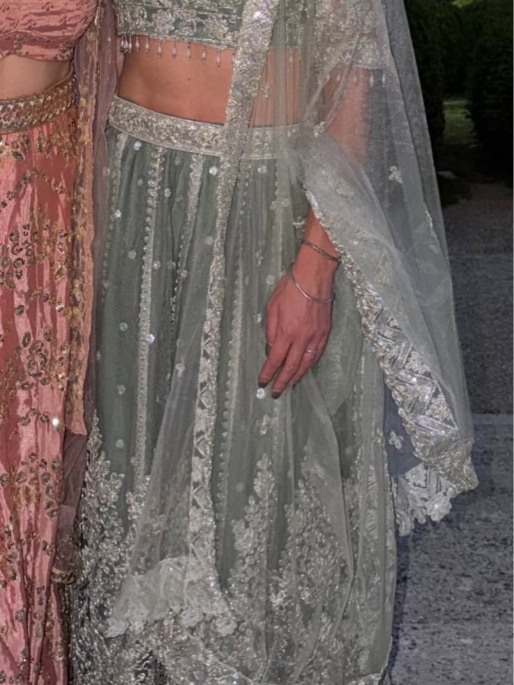Embroidered Sage Green Formal Lehenga Dress and assorted bangles
